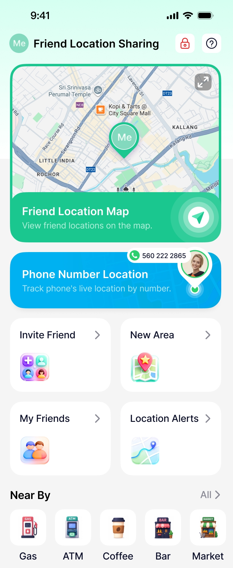 Friend Location Sharing app home screen